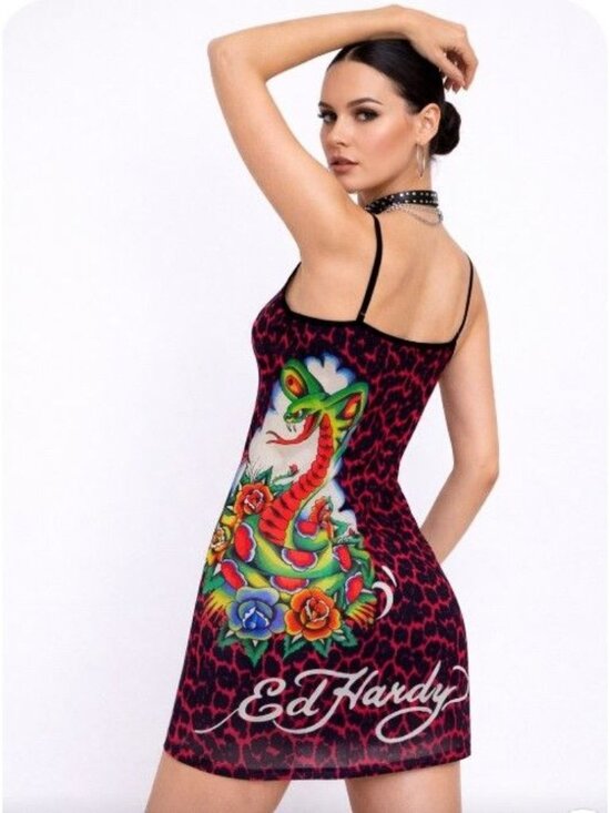 Ed Hardy Dresses & Skirts - Ed Hardy Slip Dress Tattoo Snake Bratz Sleeze Y2K Mini Strappy Edgy Clubwear L